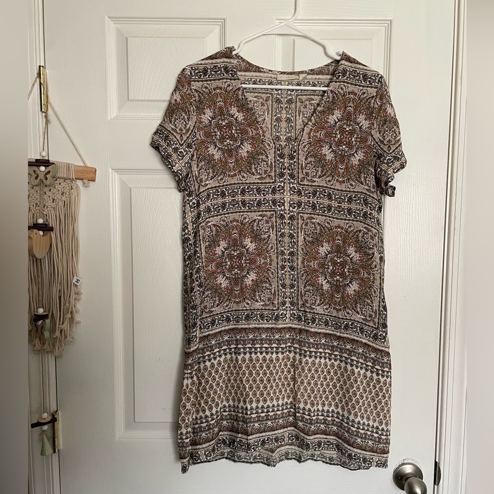 hinge Womens XS Neutral Boho Medallion Short Sleeve Dress - Cream, Brown, Black